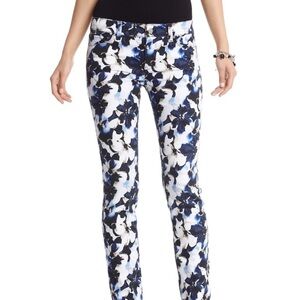 White & Blue Floral Slim Ankle Rhinestone Denim Jeans